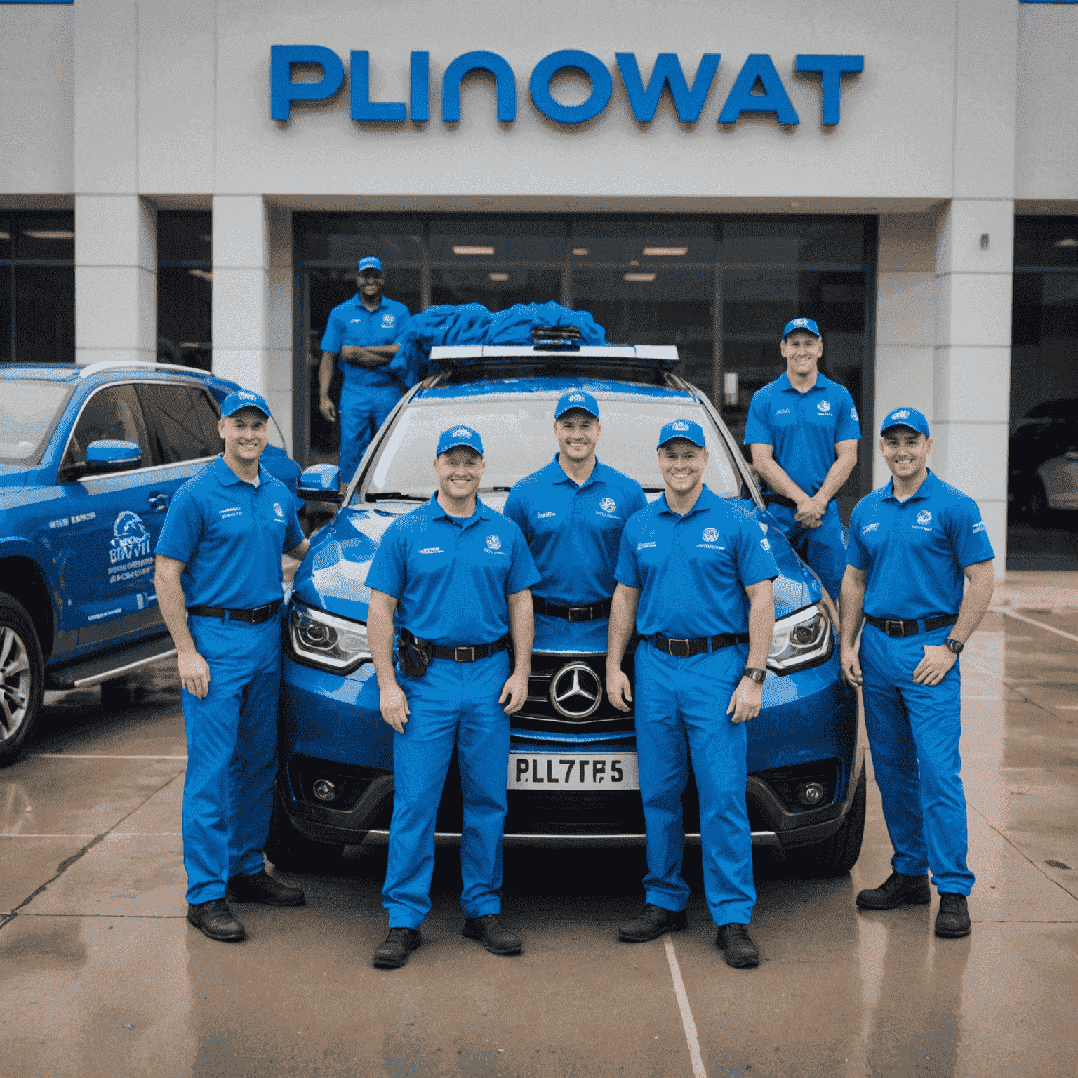 The Plinoswat team standing in front of a newly washed luxury car, smiling and wearing blue uniforms with the Plinoswat logo. The background shows a modern car wash facility with state-of-the-art equipment.