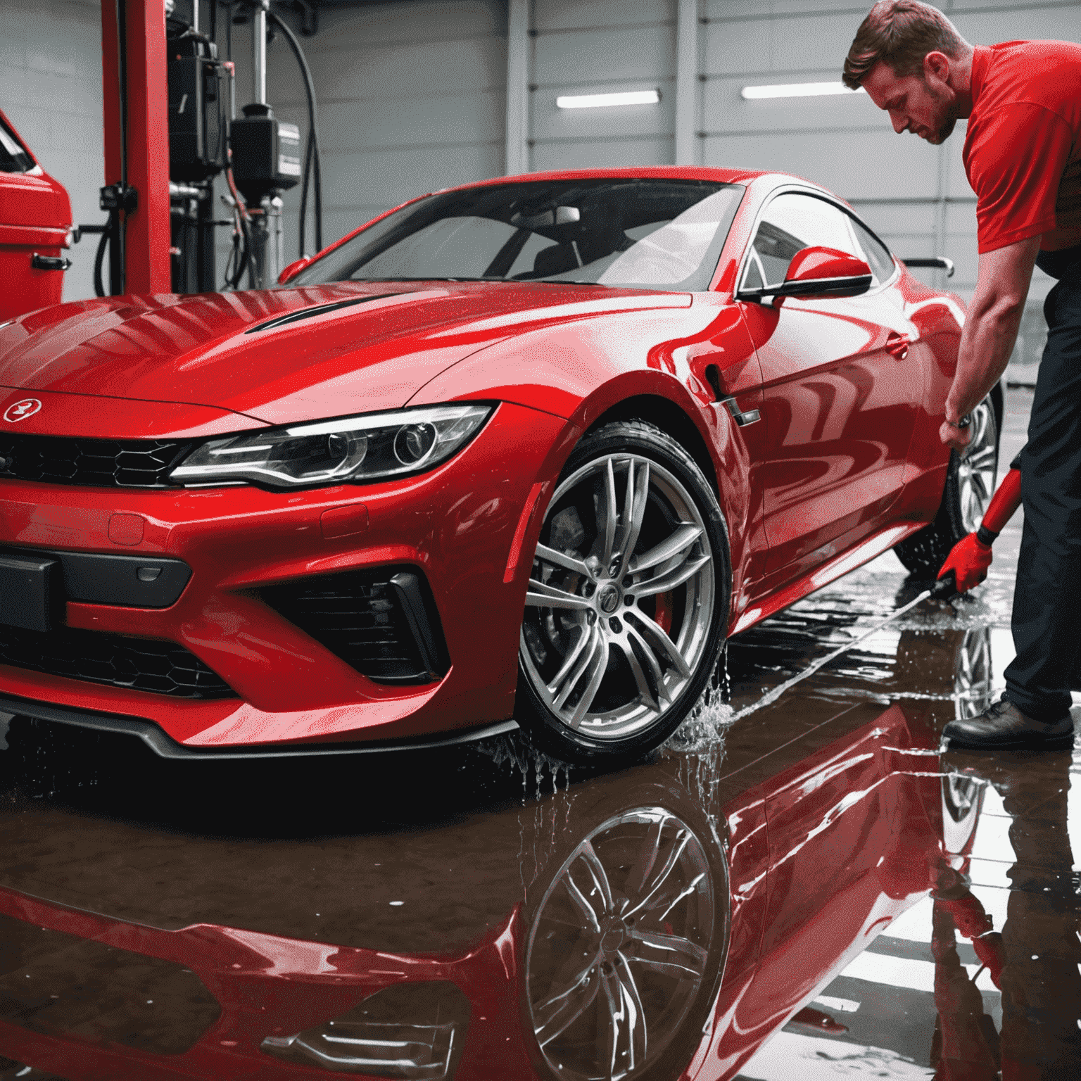 Various car washing techniques including hand washing, pressure washing, and automated car wash systems. A shiny red sports car being carefully cleaned by a professional.