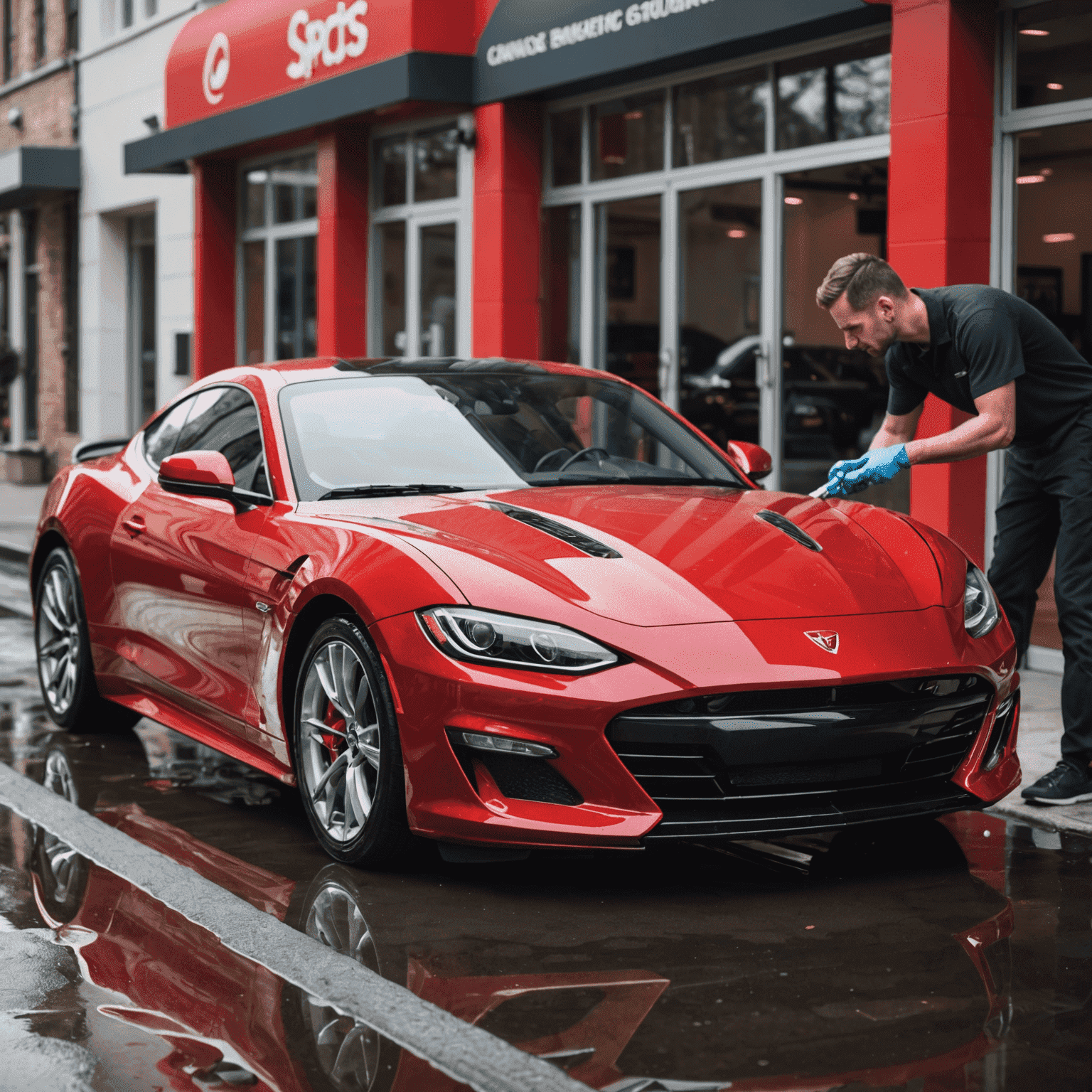 Various car washing methods including hand washing, pressure washing, and automated car wash systems. A shiny red sports car being carefully cleaned by a professional.