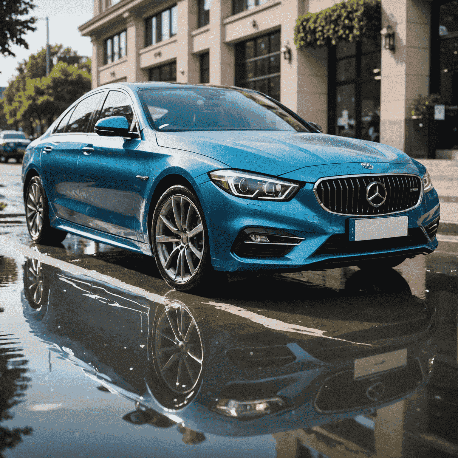 A sparkling clean car with water droplets visible, showcasing the result of professional car wash techniques