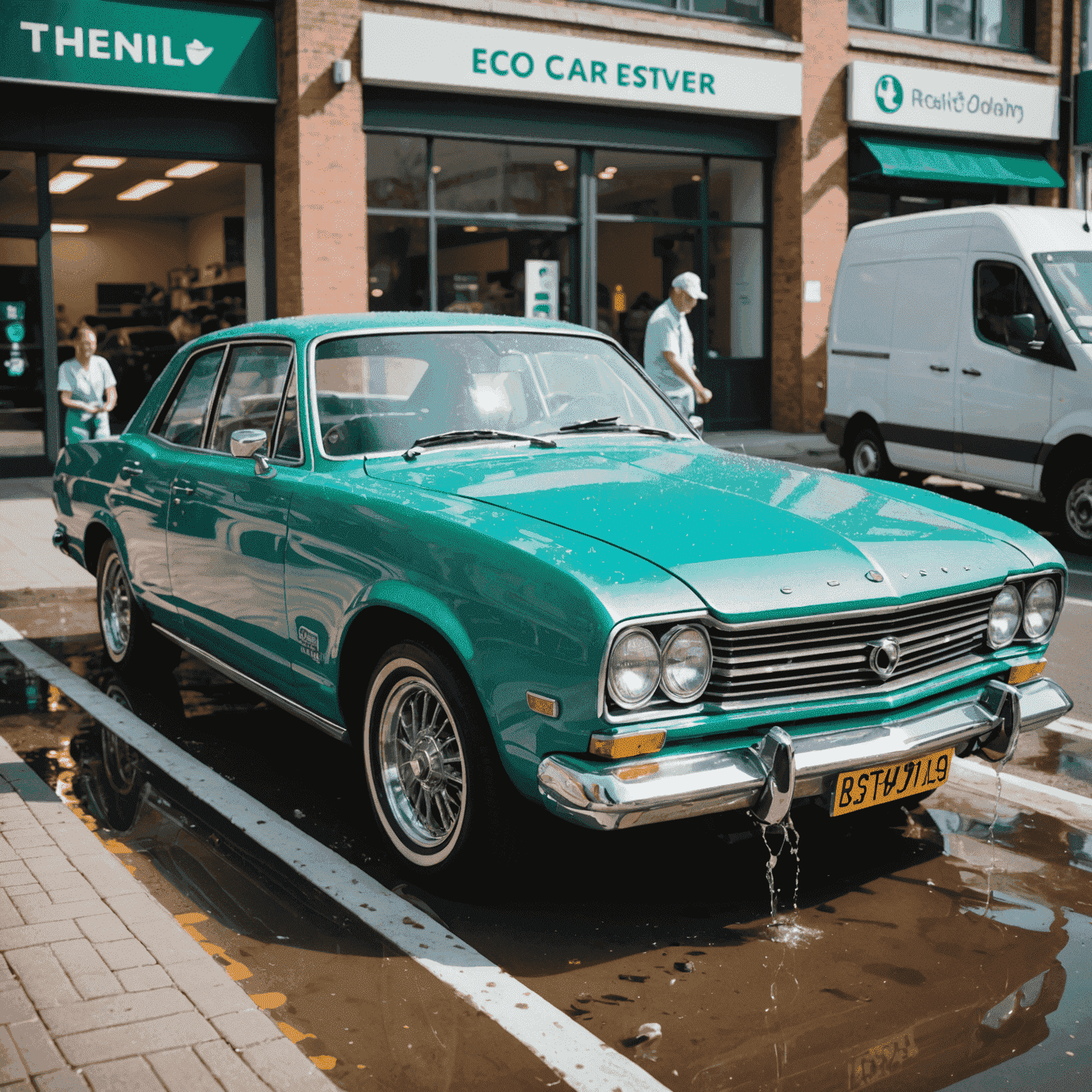 A car being washed with eco-friendly methods, showcasing water-saving techniques and biodegradable cleaning products