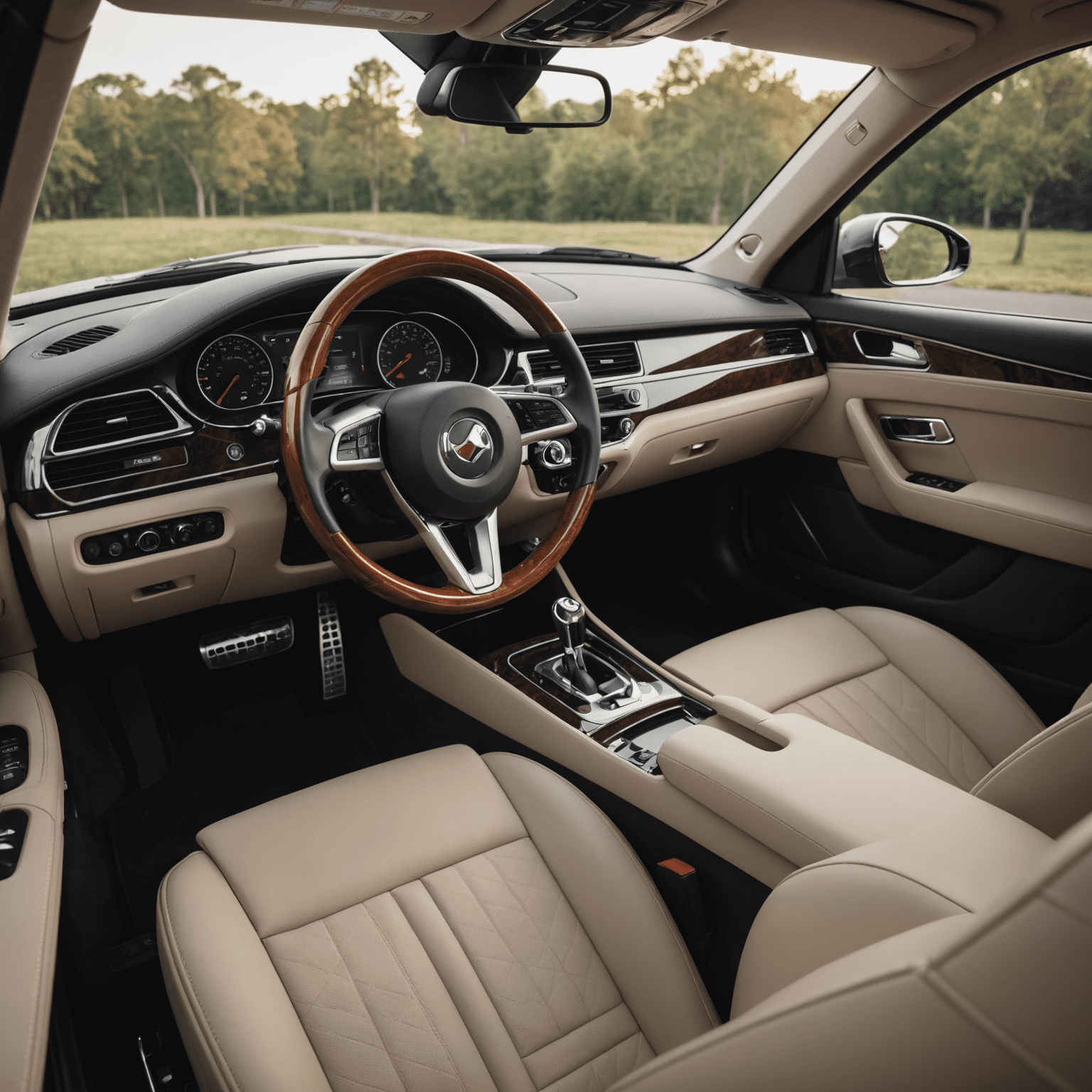 A pristine car interior showing a spotless dashboard, clean leather seats, and shiny trim details