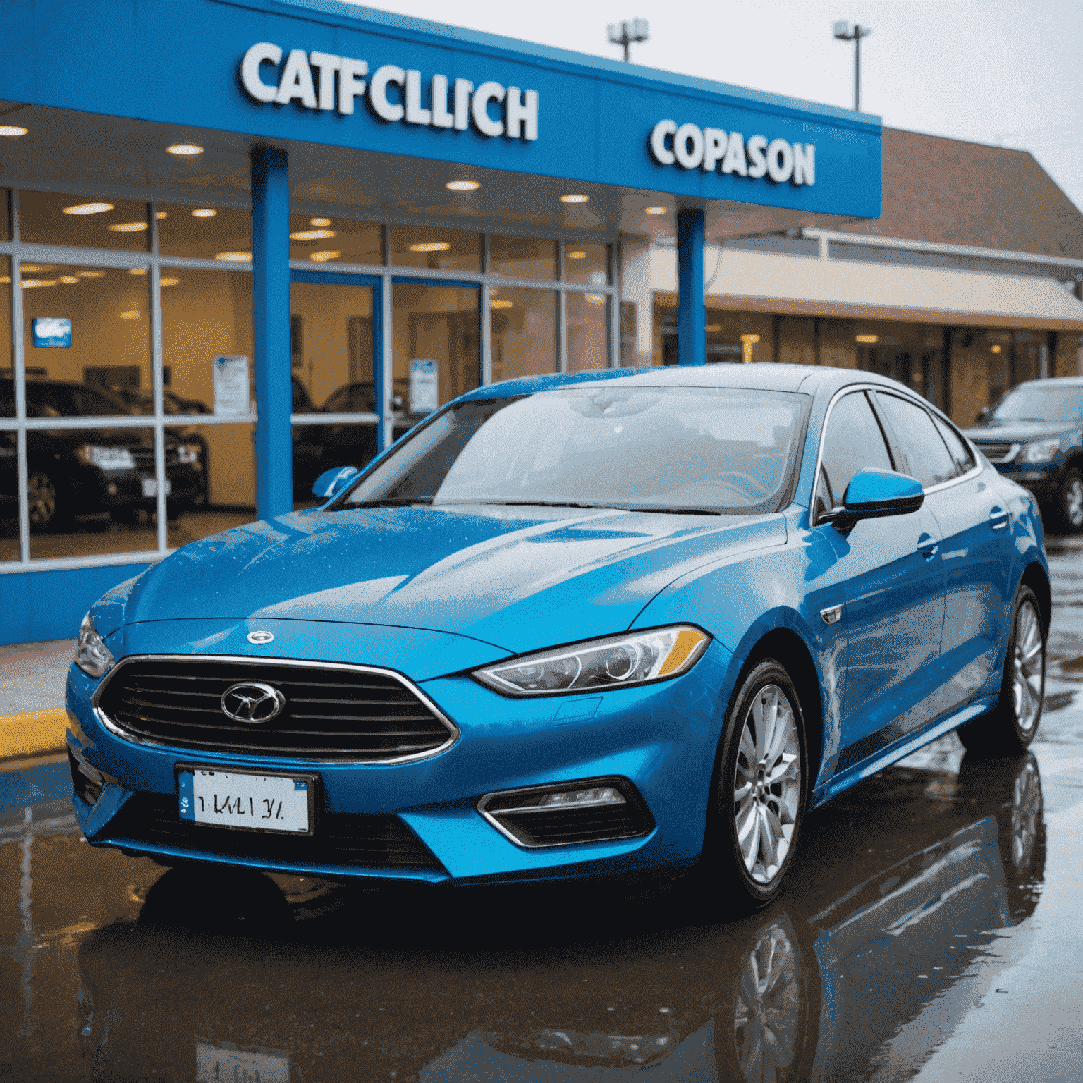 A shiny, freshly washed blue car with water droplets visible on its surface, parked in front of a professional car wash facility