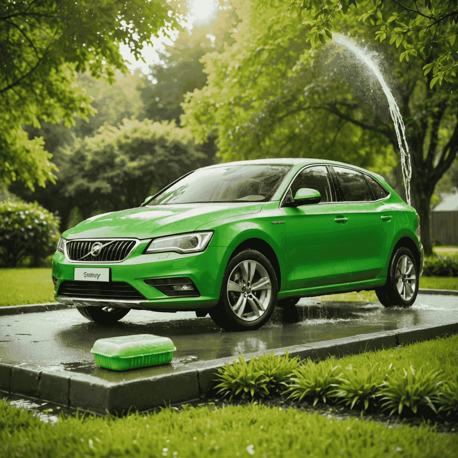 Eco-friendly car washing setup with water-saving nozzles, biodegradable soap, and a lush green background representing environmental consciousness.