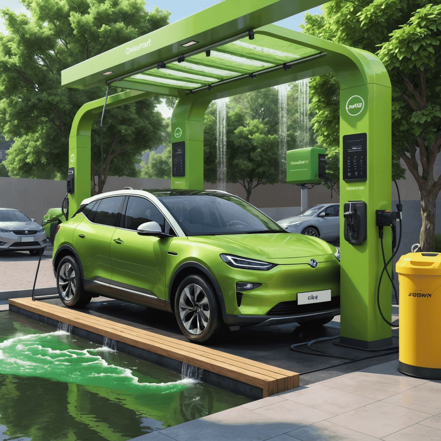 Eco-friendly car wash setup with water recycling system, biodegradable soap, and a green electric car being washed.