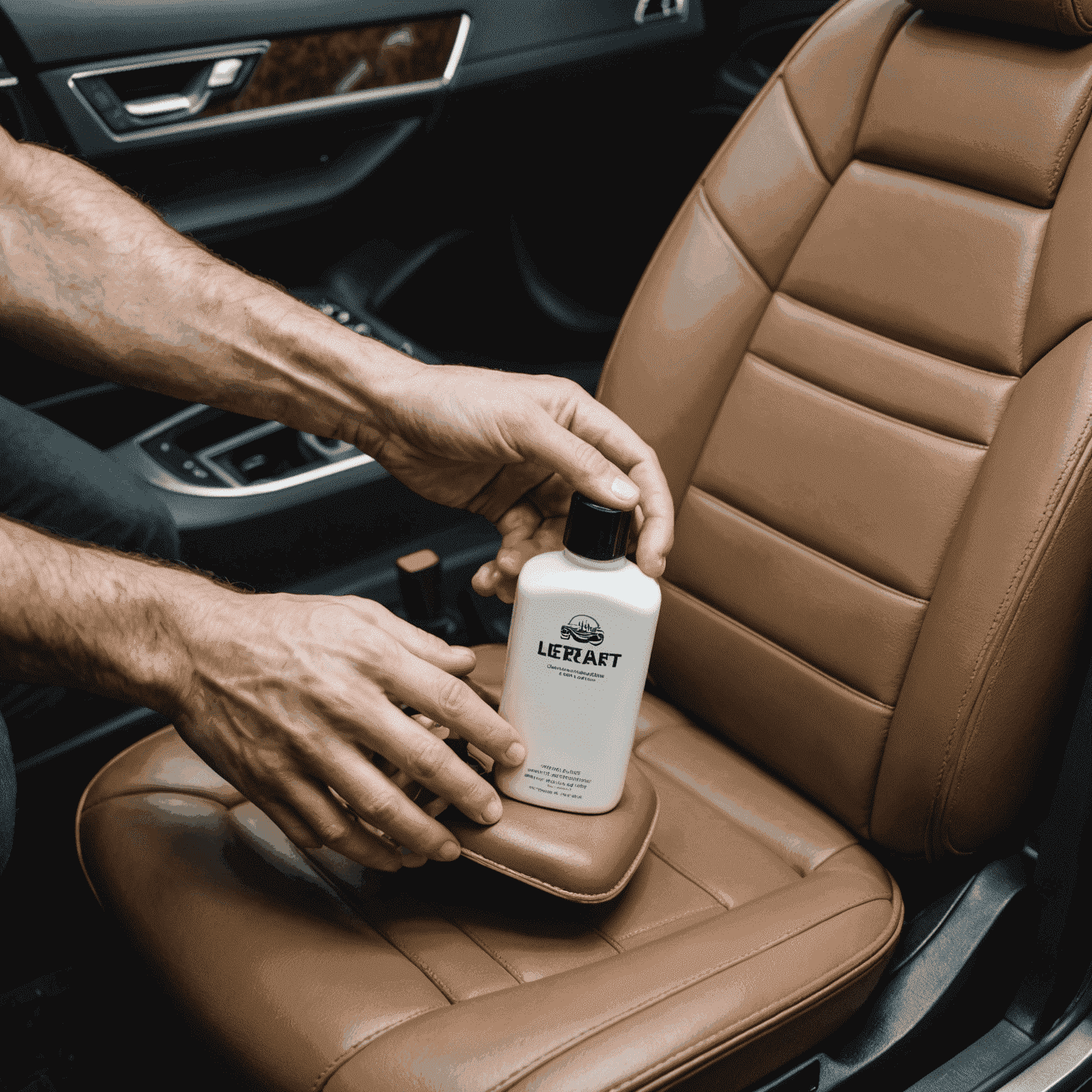 A hand applying leather conditioner to a car seat, showcasing the before and after effect