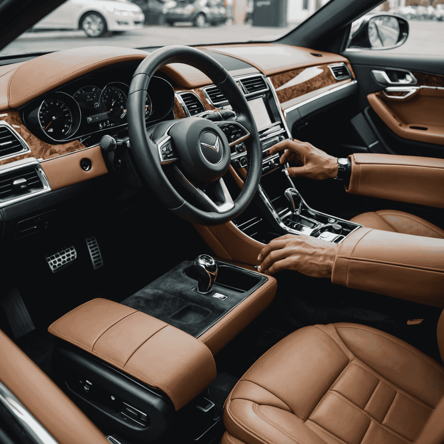 Luxurious car interior being meticulously cleaned. Close-up of hands detailing leather seats, dashboard, and center console with professional cleaning tools.