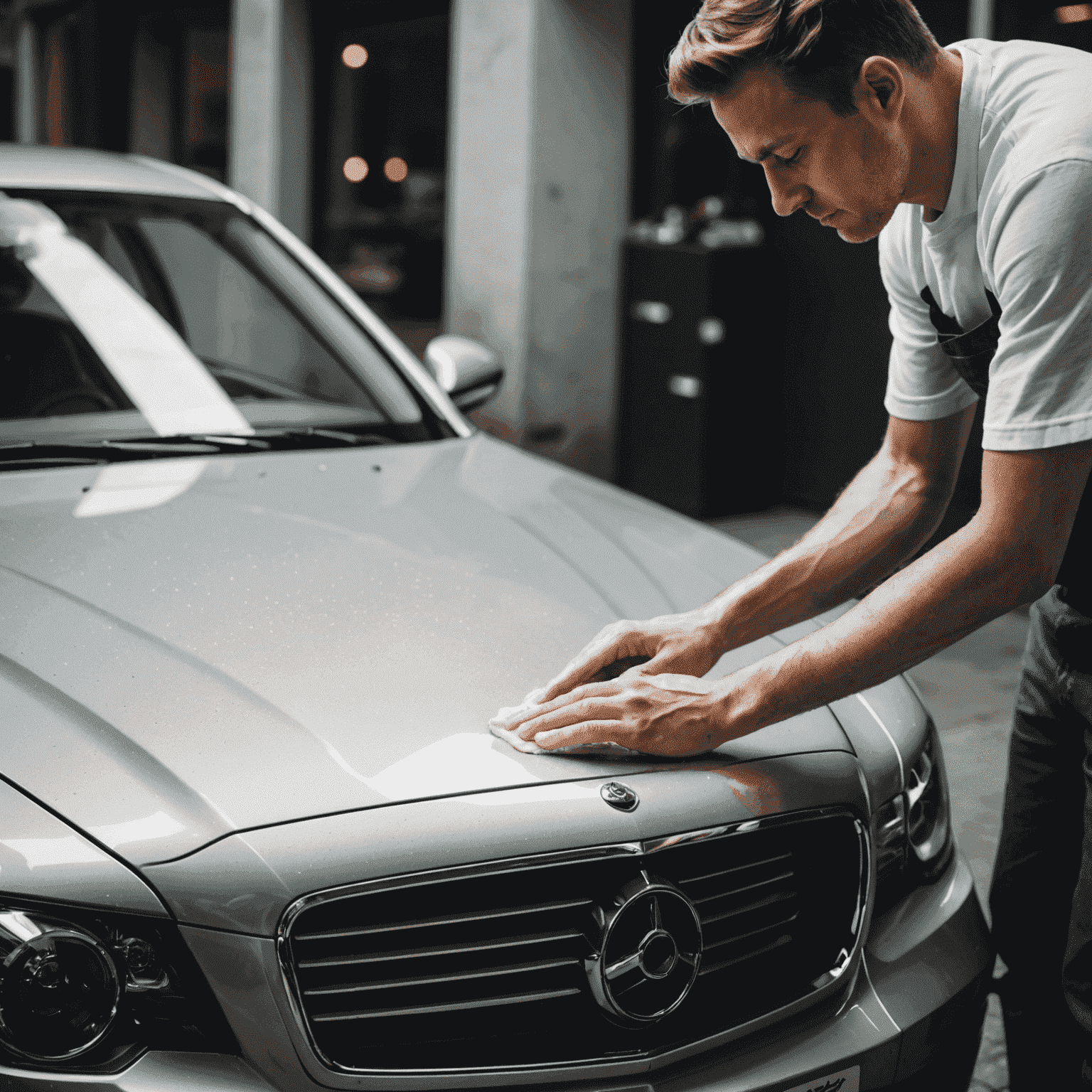 A person applying wax to a shiny car surface, demonstrating the final detailing step