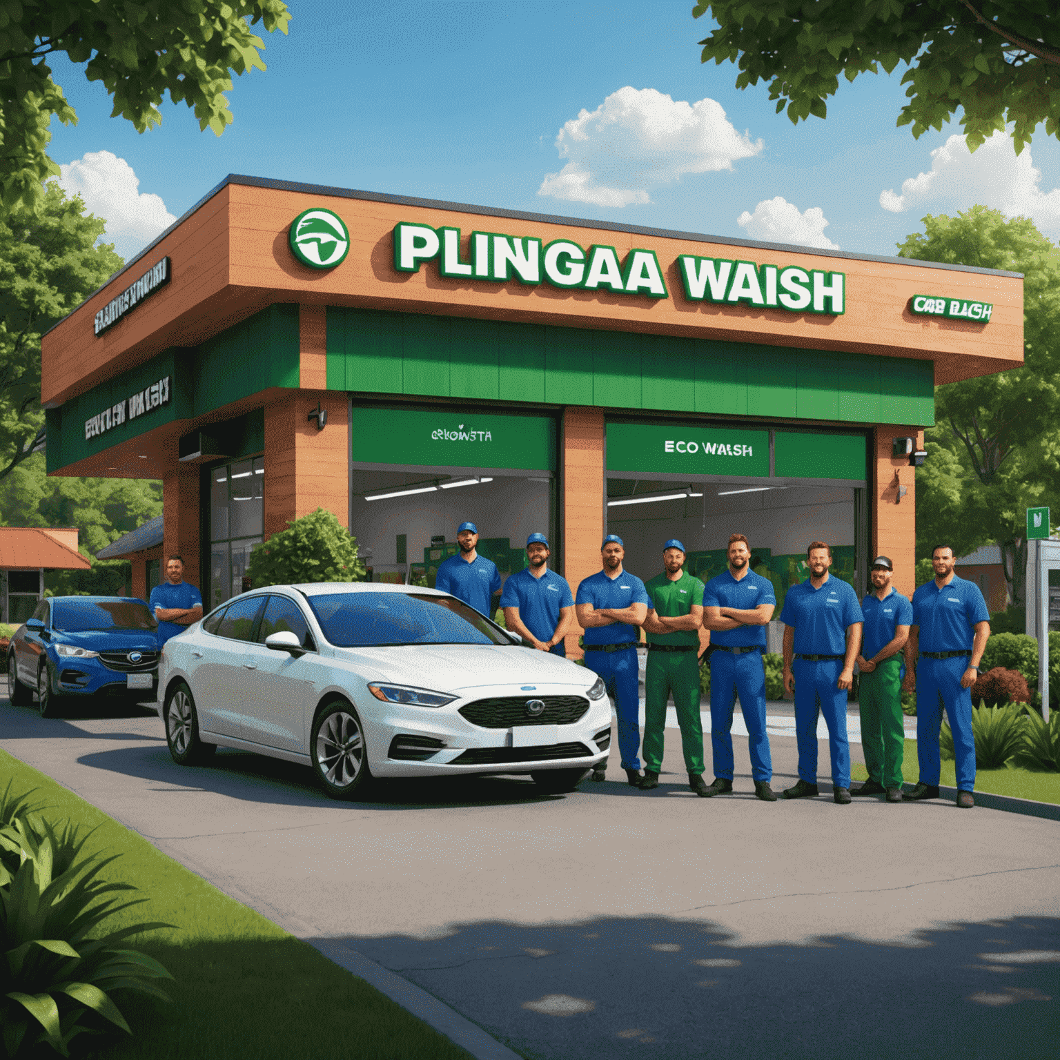 A team of Plinoswat employees proudly standing in front of their eco-friendly car wash facility, surrounded by lush greenery and clean, shiny cars