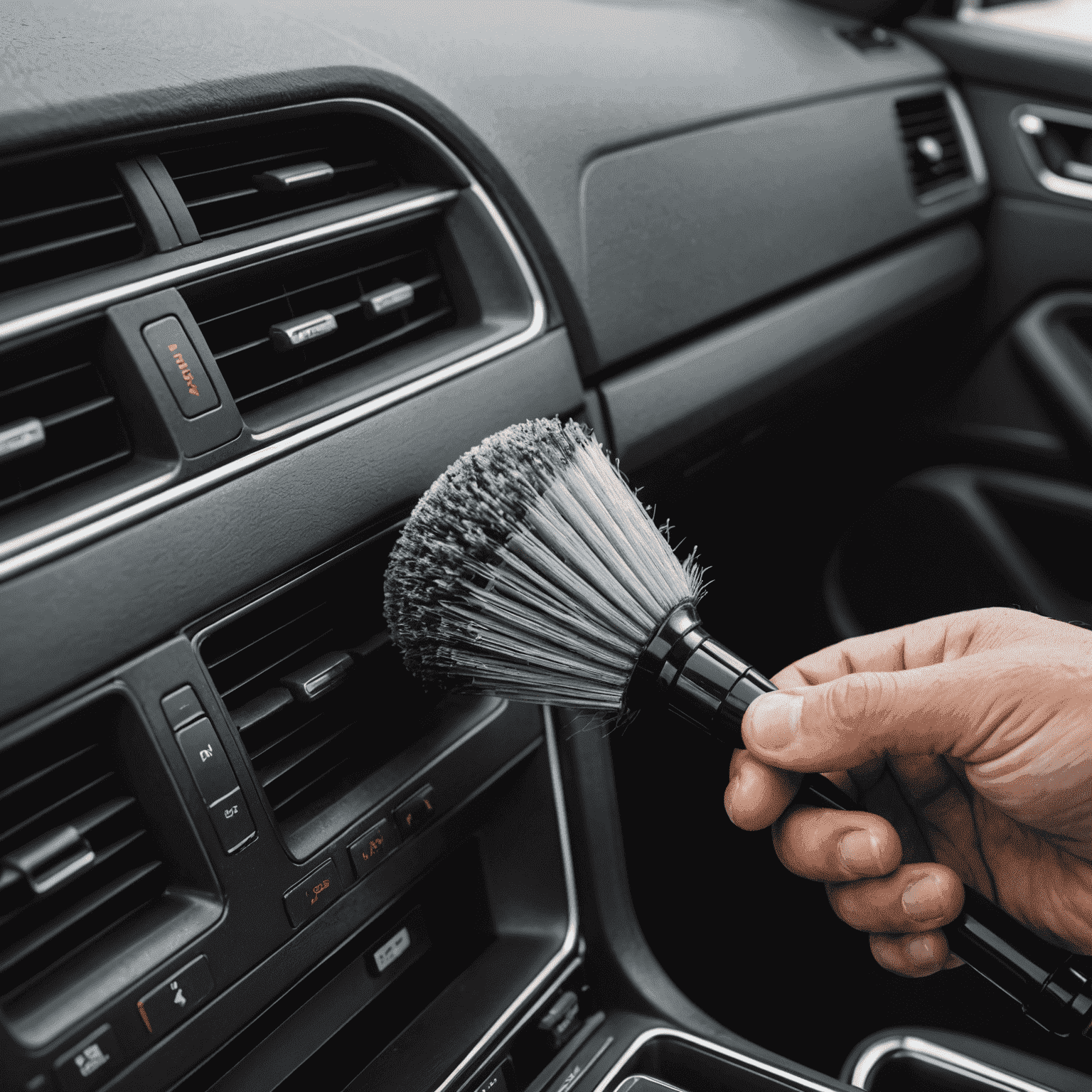 Close-up of a car air vent being cleaned with a small detailing brush, showing before and after results