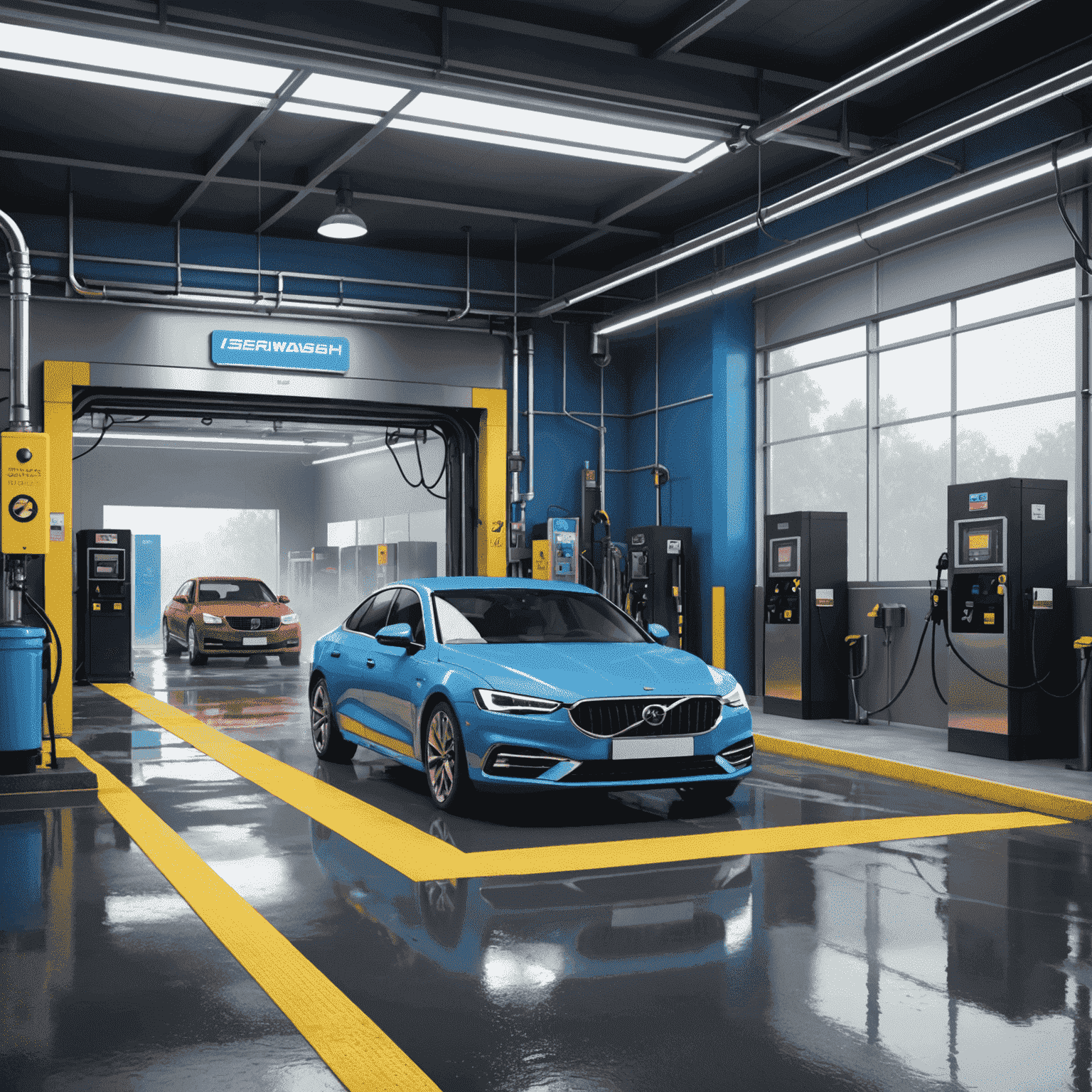 A professional car wash facility with modern equipment and a line of clean, shiny cars exiting the wash bay