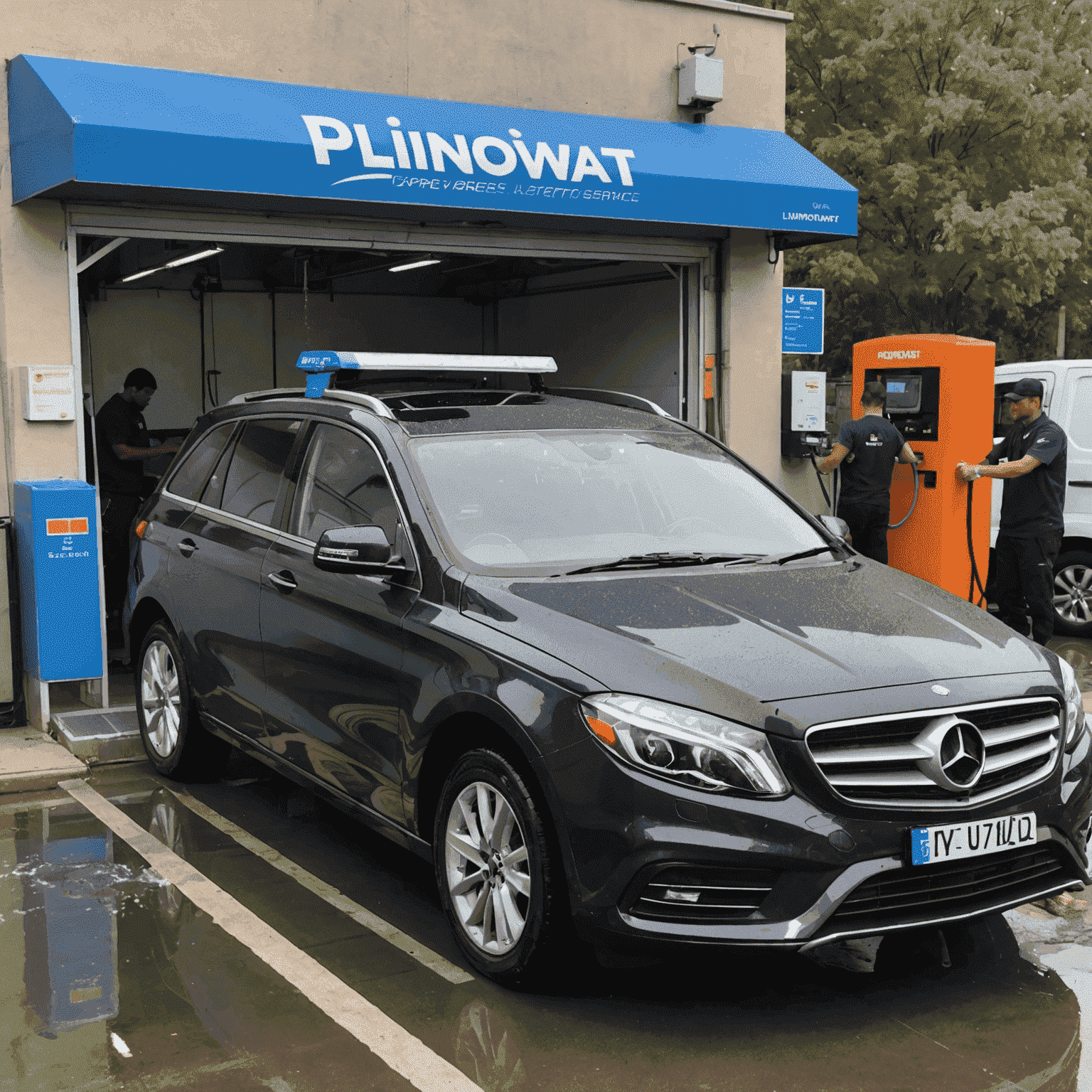 Plinoswat's express car wash service in action, showing a car being quickly and efficiently cleaned