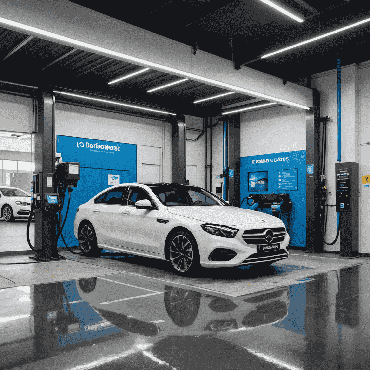 Plinoswat's state-of-the-art car wash facility in France, showcasing advanced cleaning equipment and a luxury car being serviced.